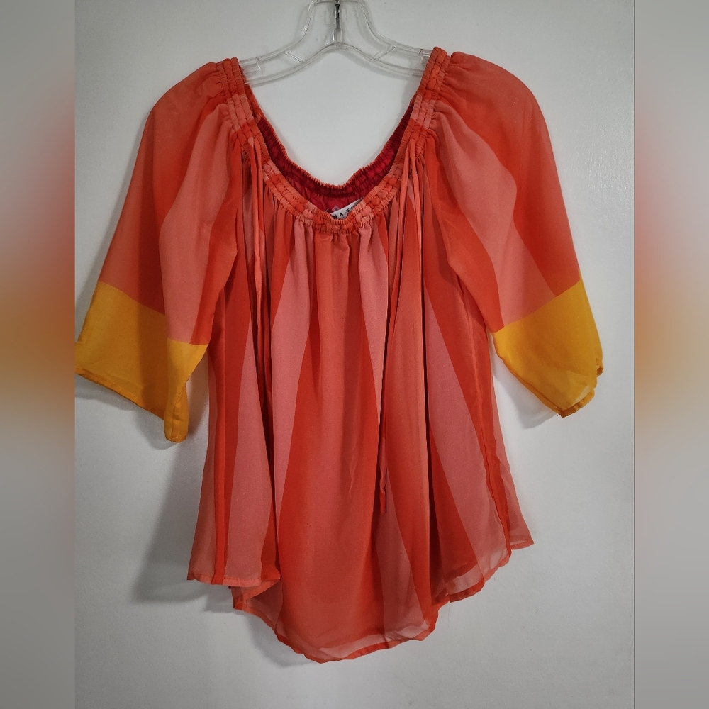 Trina Turk Off Shoulder Top Orange Pink Lining Blouse Size XS